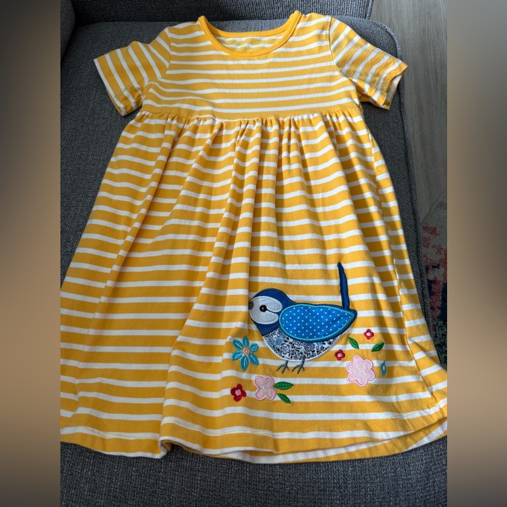 Yellow Cotton  Striped Girls  Dress with Appliqué Bird Design Size 7